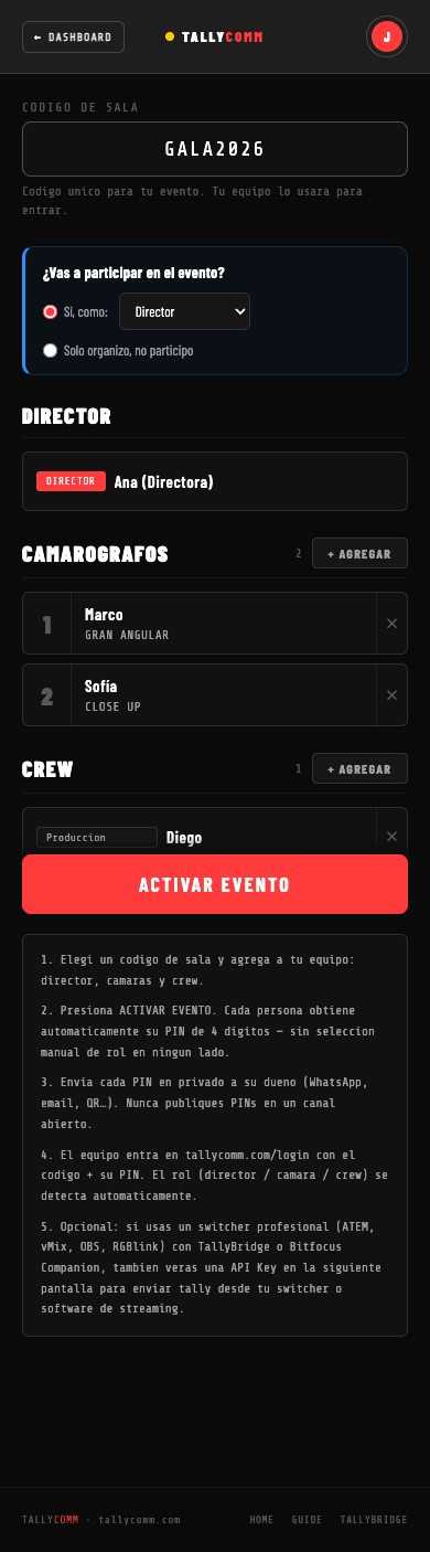Formulario de creación de evento con código de sala, director y dos camarógrafos cargados